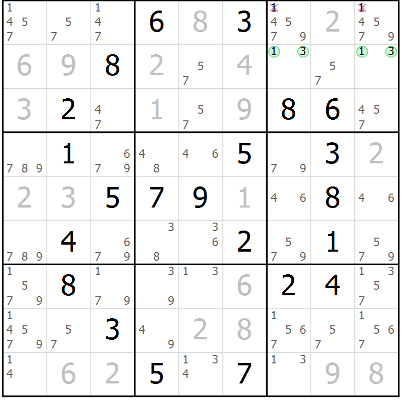 Position des candidats pour la solution de la Gr 48 page 51 du magazine de sudoku Virtuose n° 113