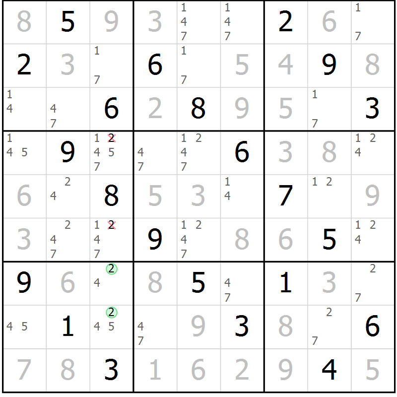 Position des candidats pour la solution de la Gr 49 page 52 du magazine de sudoku Virtuose n° 113