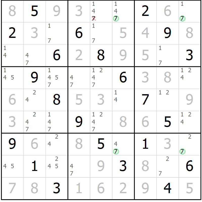 Position des candidats pour la solution de la Gr 49 page 52 du magazine de sudoku Virtuose n° 113