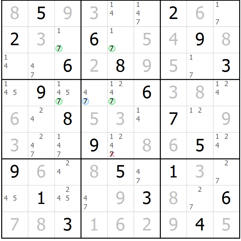 Position des candidats pour la solution de la Gr 49 page 52 du magazine de sudoku Virtuose n° 113
