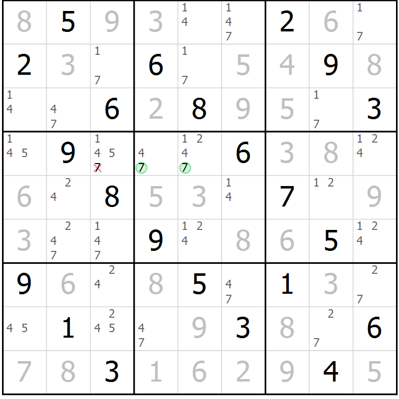 Position des candidats pour la solution de la Gr 49 page 52 du magazine de sudoku Virtuose n° 113