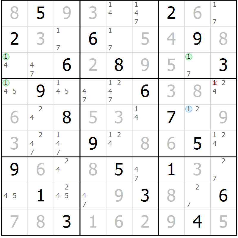 Position des candidats pour la solution de la Gr 49 page 52 du magazine de sudoku Virtuose n° 113