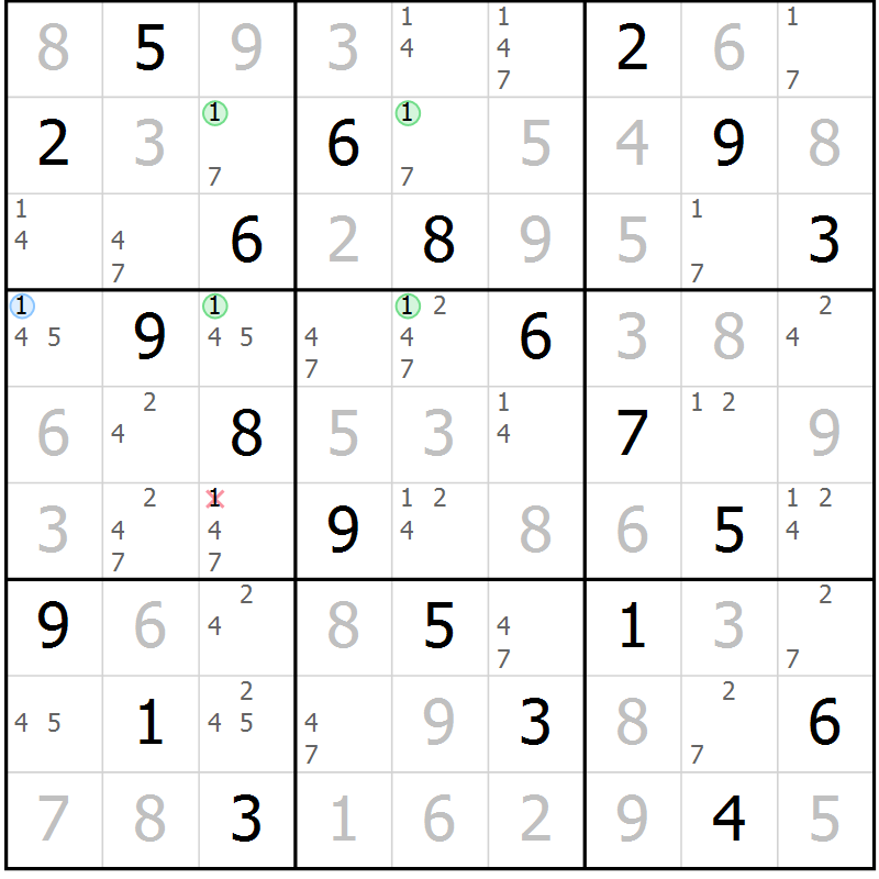 Position des candidats pour la solution de la Gr 49 page 52 du magazine de sudoku Virtuose n° 113