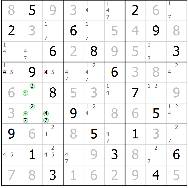 Position des candidats pour la solution de la Gr 49 page 52 du magazine de sudoku Virtuose n° 113