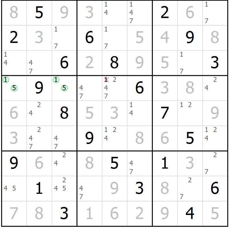 Position des candidats pour la solution de la Gr 49 page 52 du magazine de sudoku Virtuose n° 113