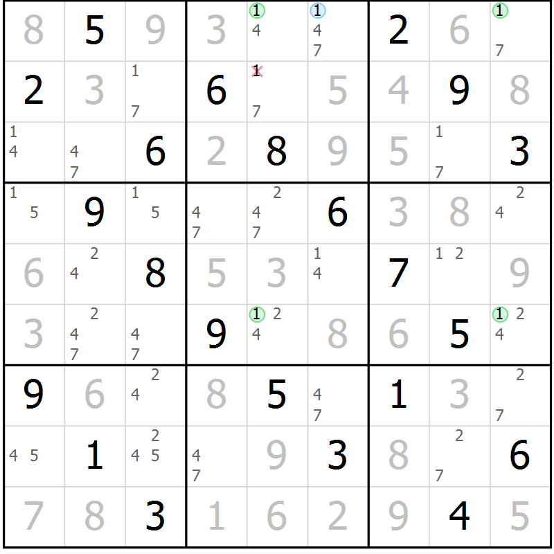 Position des candidats pour la solution de la Gr 49 page 52 du magazine de sudoku Virtuose n° 113