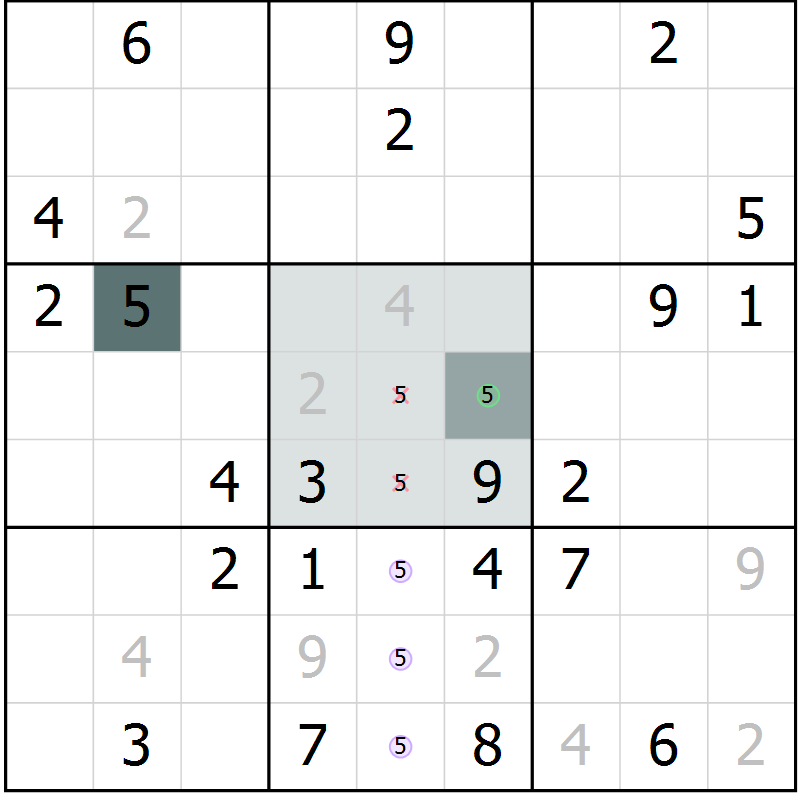 Position des candidats pour la solution de la Gr 5 page 8 du magazine de sudoku Virtuose n° 113