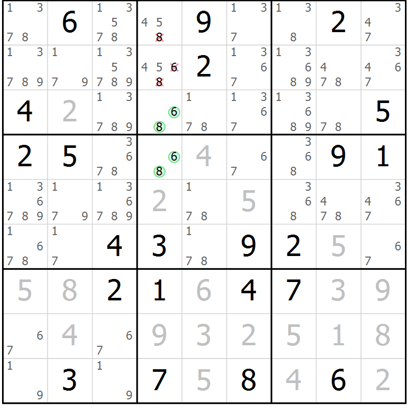 Position des candidats pour la solution de la Gr 5 page 8 du magazine de sudoku Virtuose n° 113