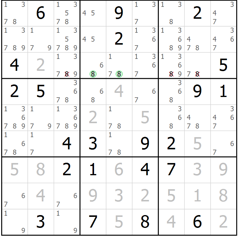 Position des candidats pour la solution de la Gr 5 page 8 du magazine de sudoku Virtuose n° 113