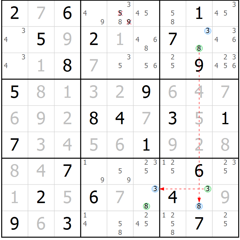 Position des candidats pour la solution de la Gr 52 page 55 du magazine de sudoku Virtuose n° 113