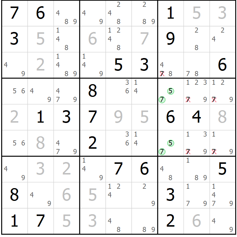 Position des candidats pour la solution de la Gr 54 page 57 du magazine de sudoku Virtuose n° 113