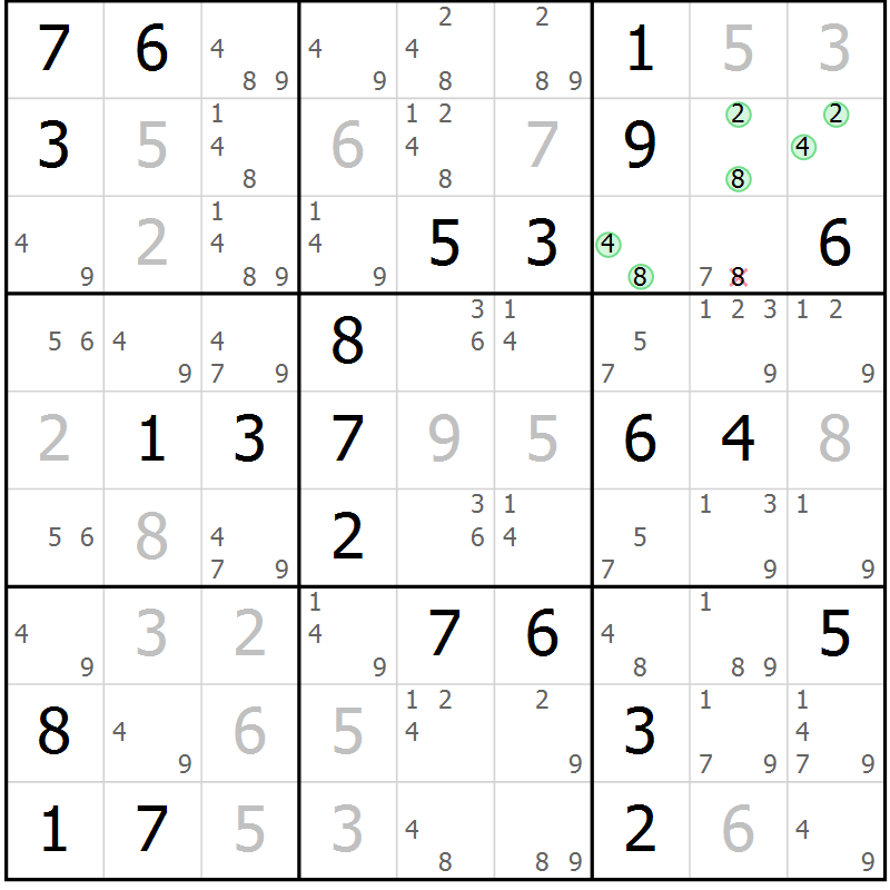 Position des candidats pour la solution de la Gr 54 page 57 du magazine de sudoku Virtuose n° 113