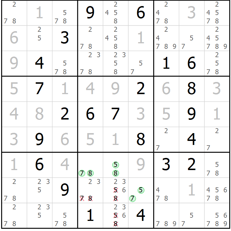 Position des candidats pour la solution de la Gr 55 page 58 du magazine de sudoku Virtuose n° 113