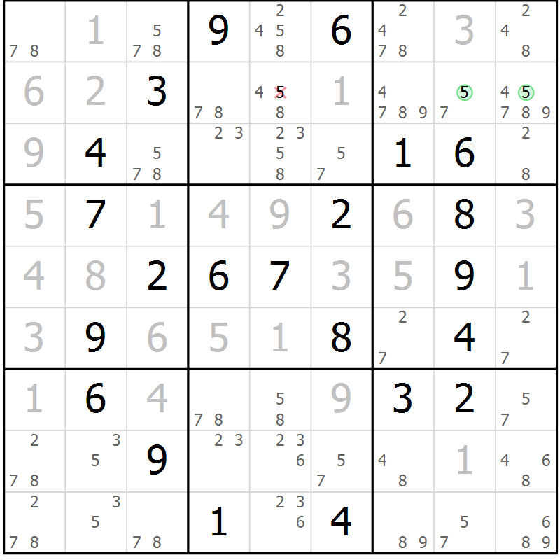 Position des candidats pour la solution de la Gr 55 page 58 du magazine de sudoku Virtuose n° 113