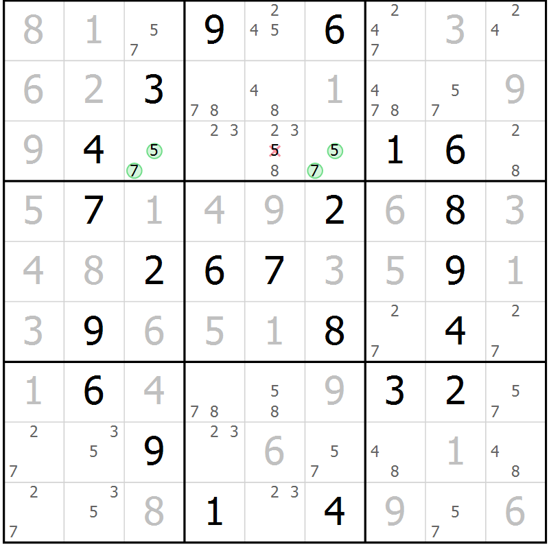 Position des candidats pour la solution de la Gr 55 page 58 du magazine de sudoku Virtuose n° 113