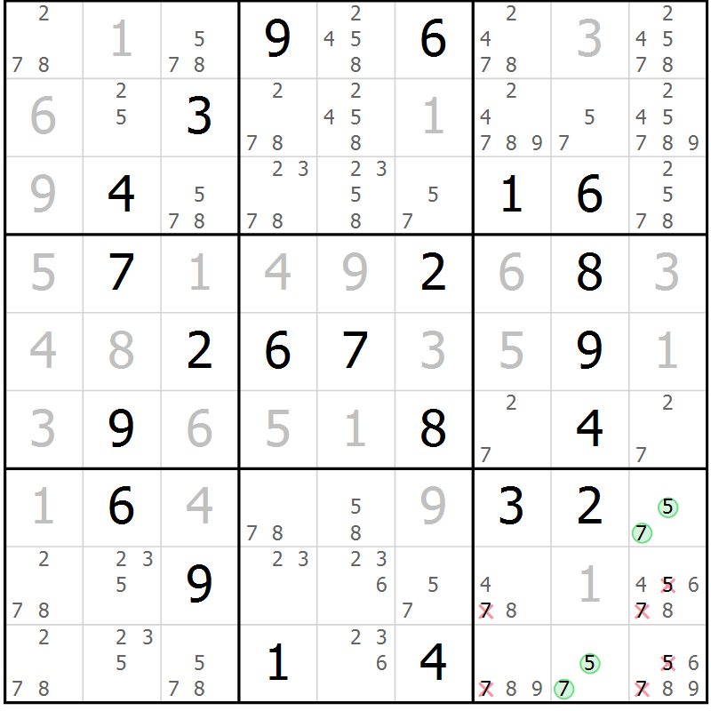 Position des candidats pour la solution de la Gr 55 page 58 du magazine de sudoku Virtuose n° 113