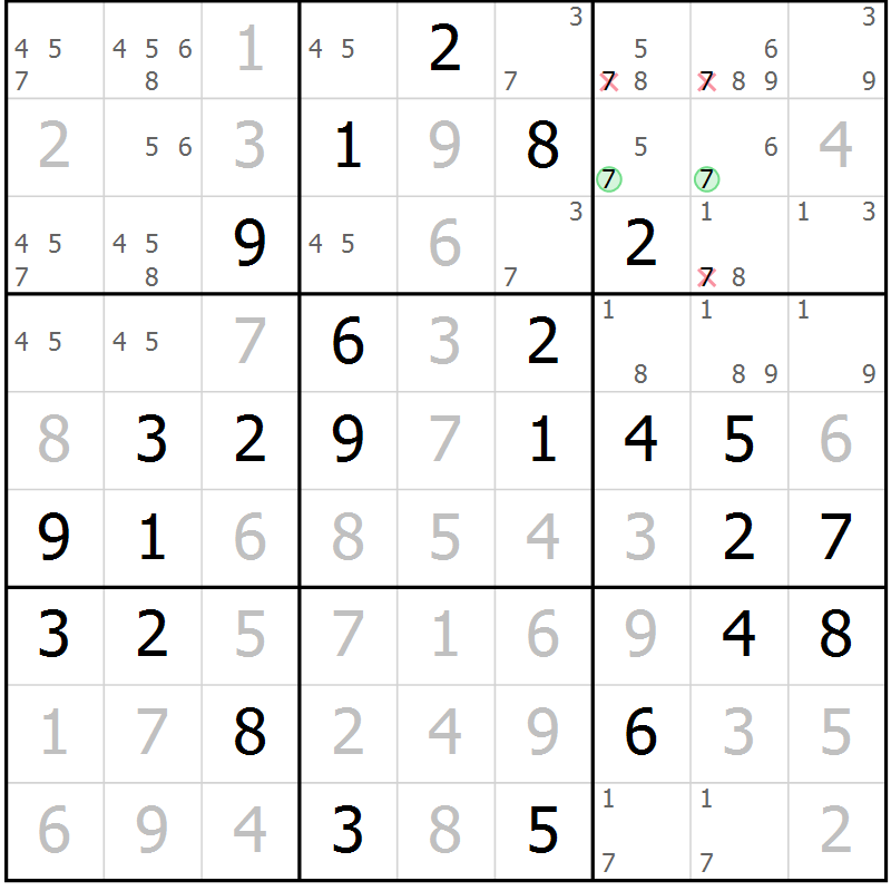 Position des candidats pour la solution de la Gr 56 page 59 du magazine de sudoku Virtuose n° 113