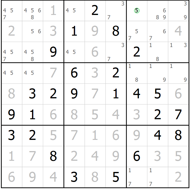 Position des candidats pour la solution de la Gr 56 page 59 du magazine de sudoku Virtuose n° 113