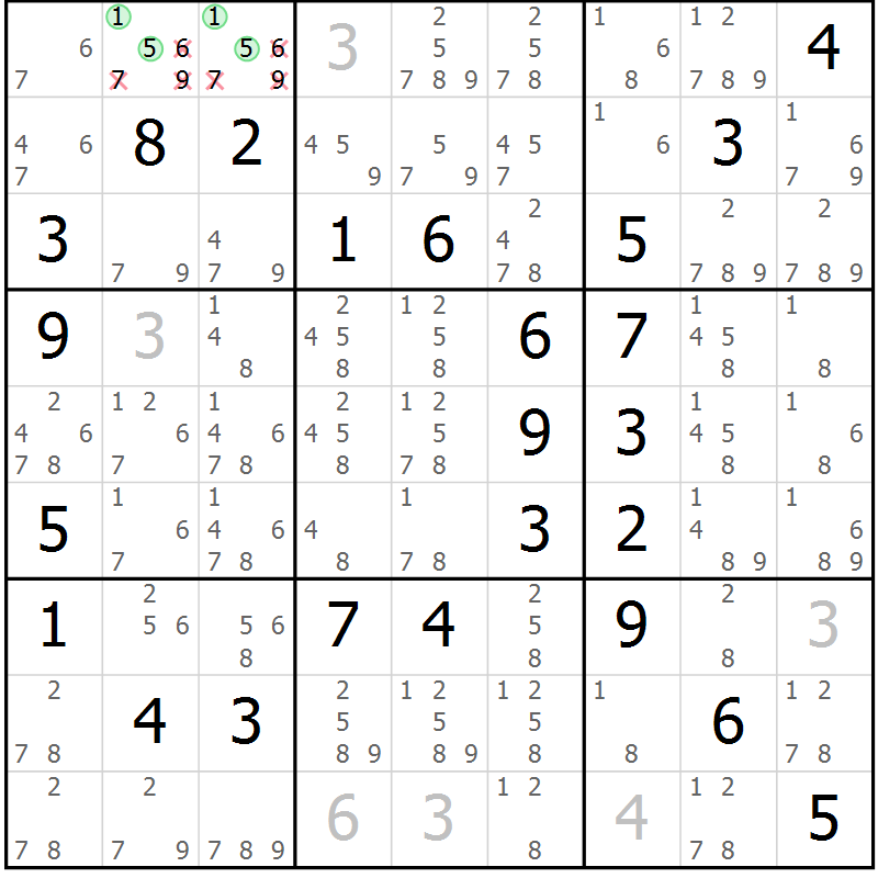 Position des candidats pour la solution de la Gr 57 page 60 du magazine de sudoku Virtuose n° 113