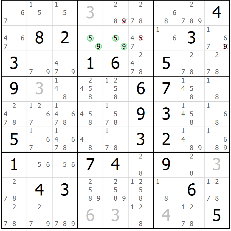 Position des candidats pour la solution de la Gr 57 page 60 du magazine de sudoku Virtuose n° 113