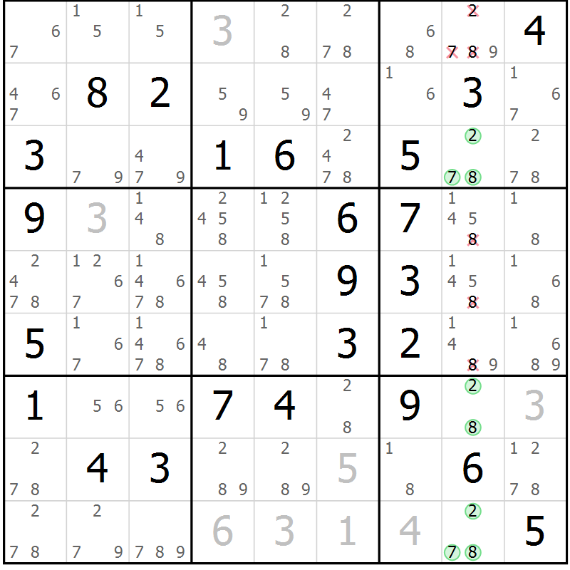 Position des candidats pour la solution de la Gr 57 page 60 du magazine de sudoku Virtuose n° 113