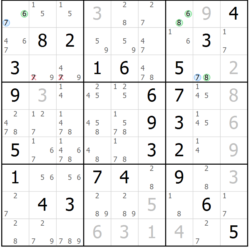 Position des candidats pour la solution de la Gr 57 page 60 du magazine de sudoku Virtuose n° 113