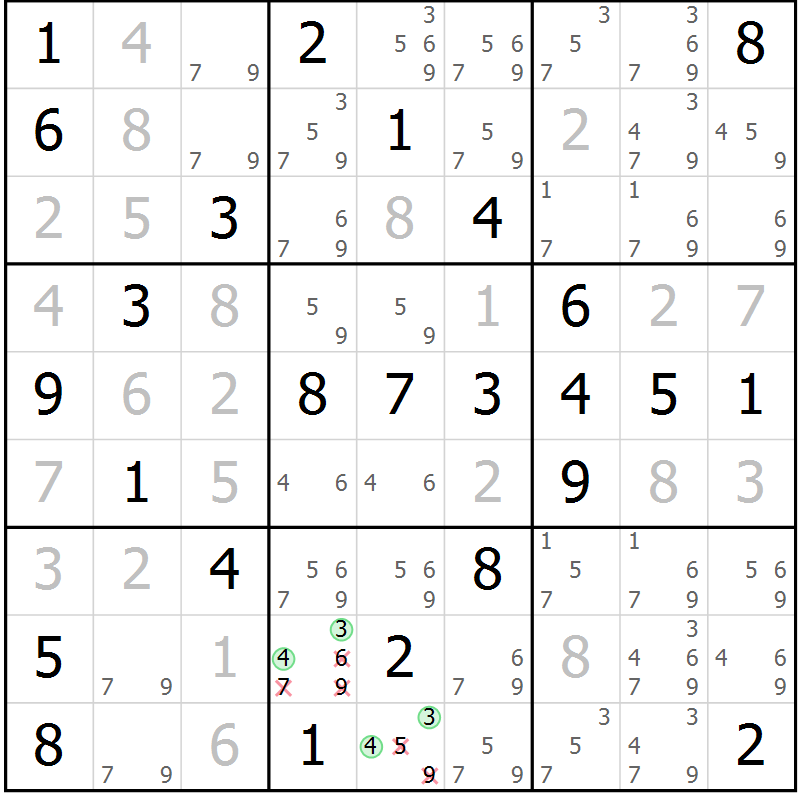 Position des candidats pour la solution de la Gr 58 page 61 du magazine de sudoku Virtuose n° 113