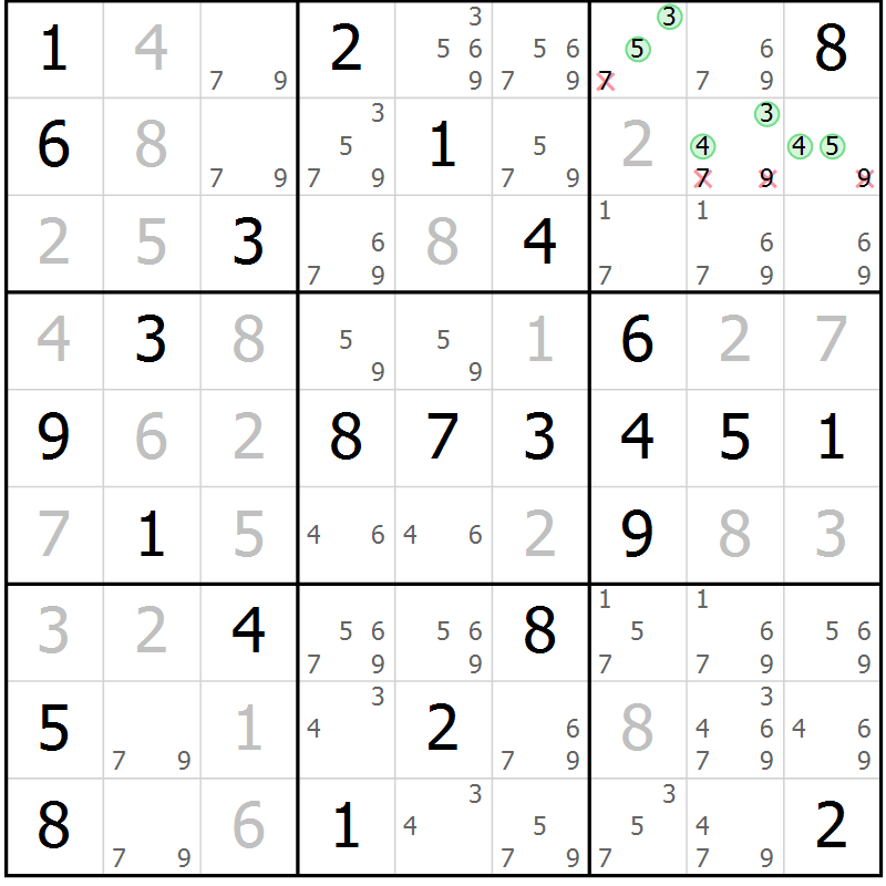 Position des candidats pour la solution de la Gr 58 page 61 du magazine de sudoku Virtuose n° 113