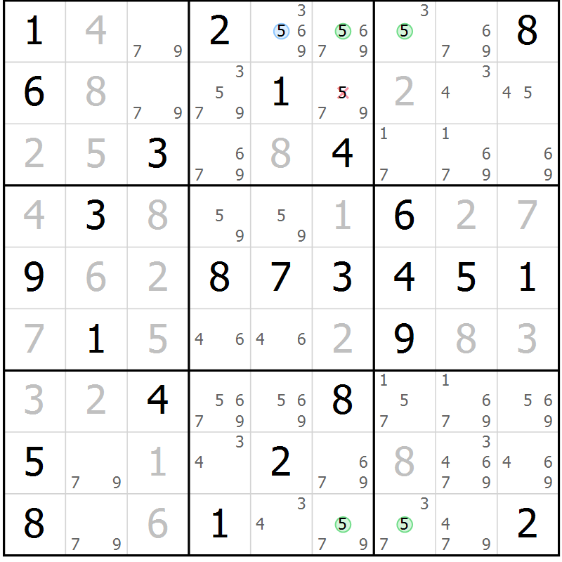 Position des candidats pour la solution de la Gr 58 page 61 du magazine de sudoku Virtuose n° 113