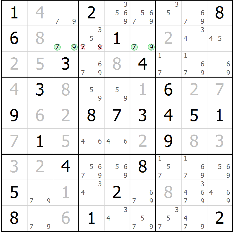 Position des candidats pour la solution de la Gr 58 page 61 du magazine de sudoku Virtuose n° 113