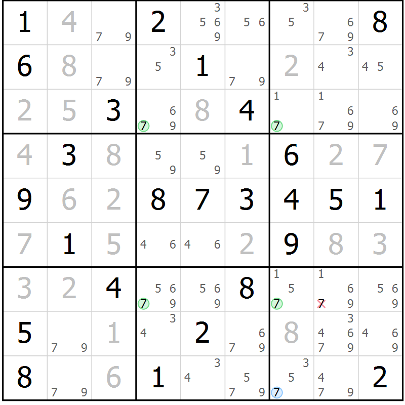 Position des candidats pour la solution de la Gr 58 page 61 du magazine de sudoku Virtuose n° 113