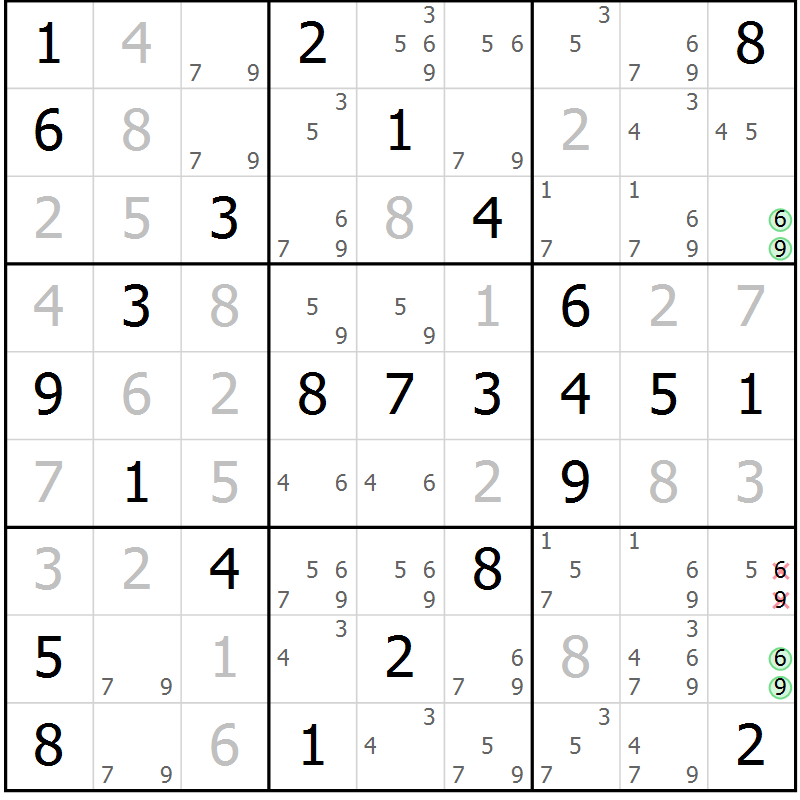 Position des candidats pour la solution de la Gr 58 page 61 du magazine de sudoku Virtuose n° 113