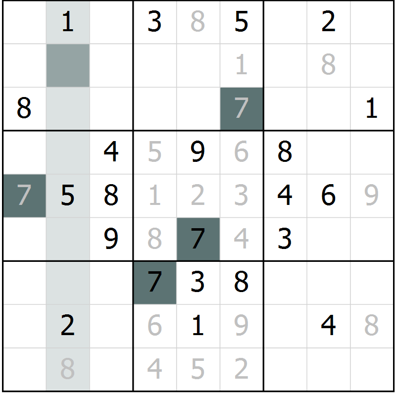 Position des candidats pour la solution de la Gr 6 page 9 du magazine de sudoku Virtuose n° 113
