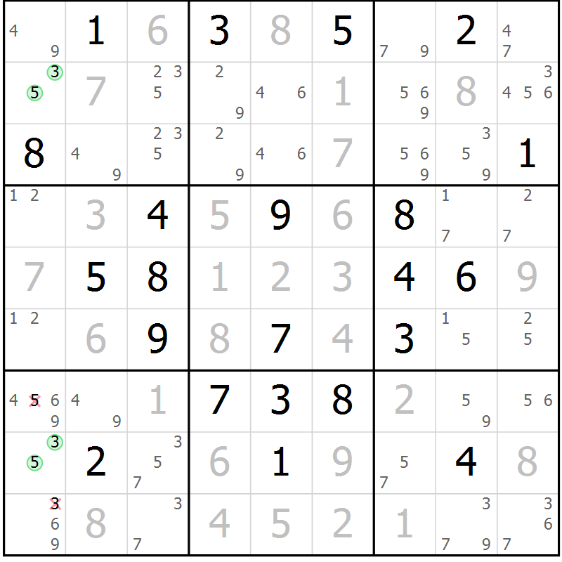 Position des candidats pour la solution de la Gr 6 page 9 du magazine de sudoku Virtuose n° 113