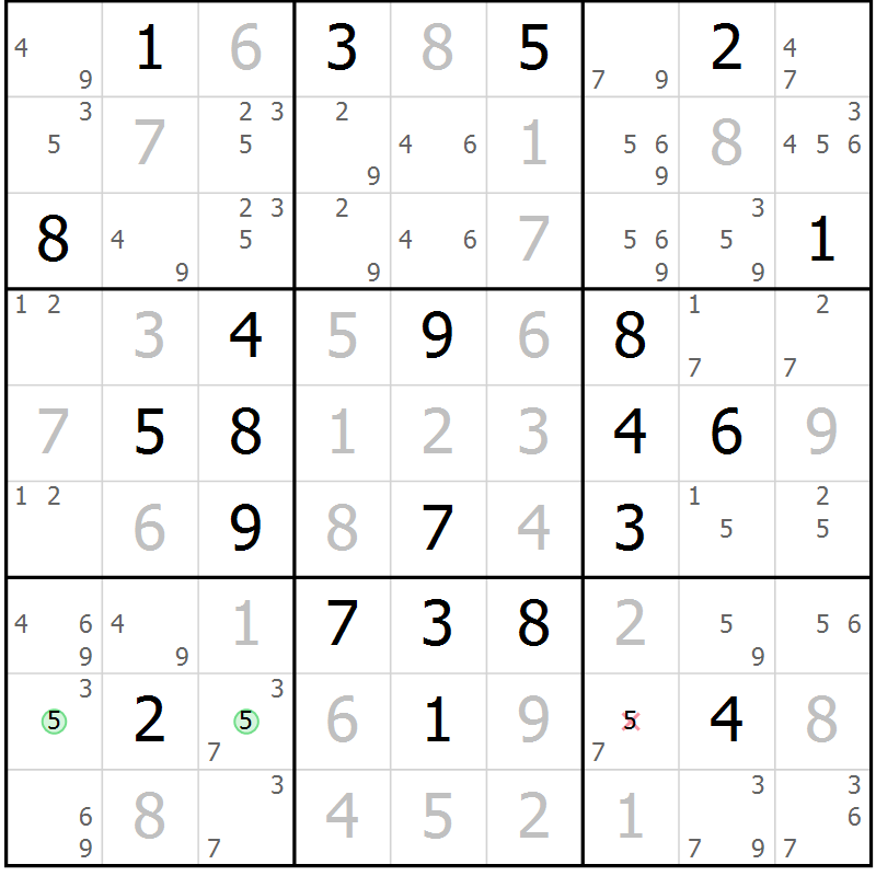 Position des candidats pour la solution de la Gr 6 page 9 du magazine de sudoku Virtuose n° 113