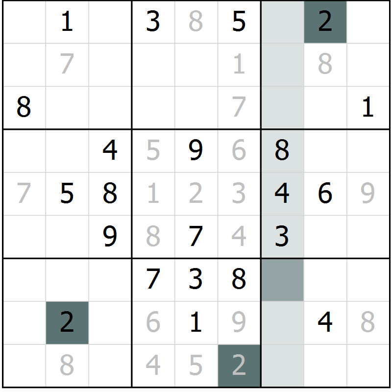 Position des candidats pour la solution de la Gr 6 page 9 du magazine de sudoku Virtuose n° 113