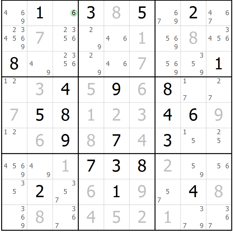 Position des candidats pour la solution de la Gr 6 page 9 du magazine de sudoku Virtuose n° 113