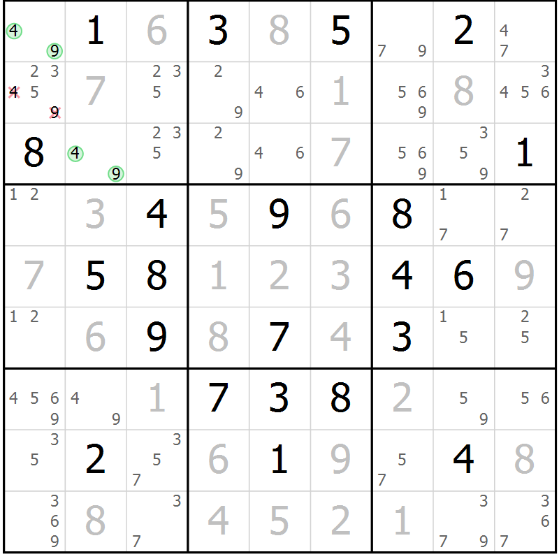 Position des candidats pour la solution de la Gr 6 page 9 du magazine de sudoku Virtuose n° 113