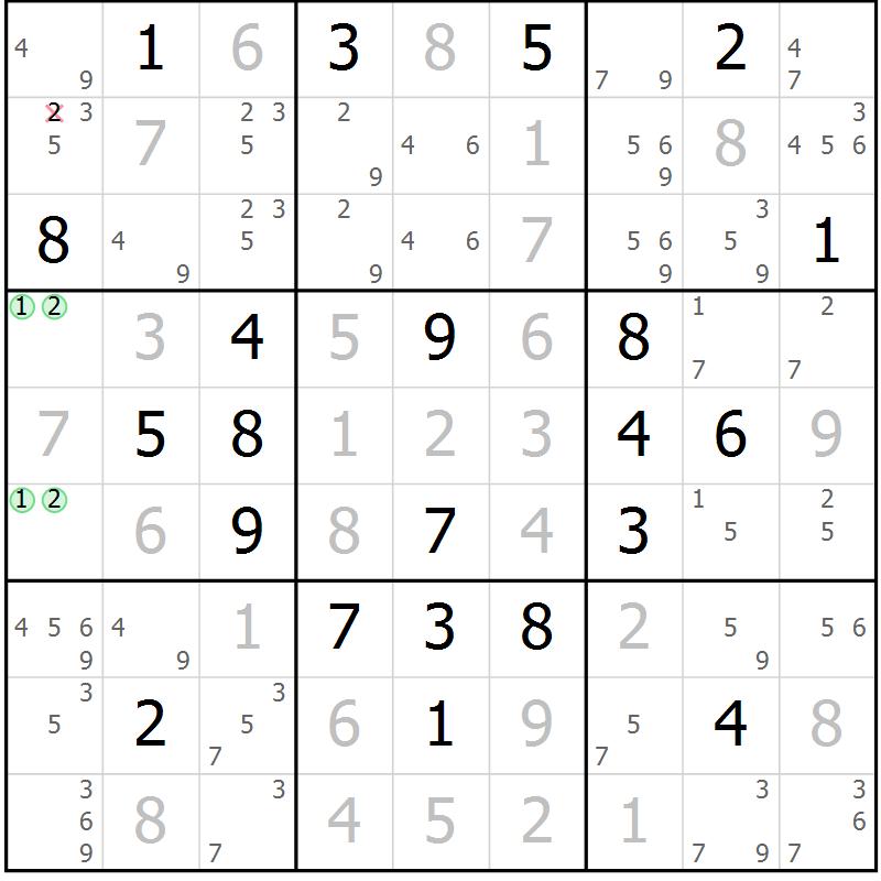 Position des candidats pour la solution de la Gr 6 page 9 du magazine de sudoku Virtuose n° 113