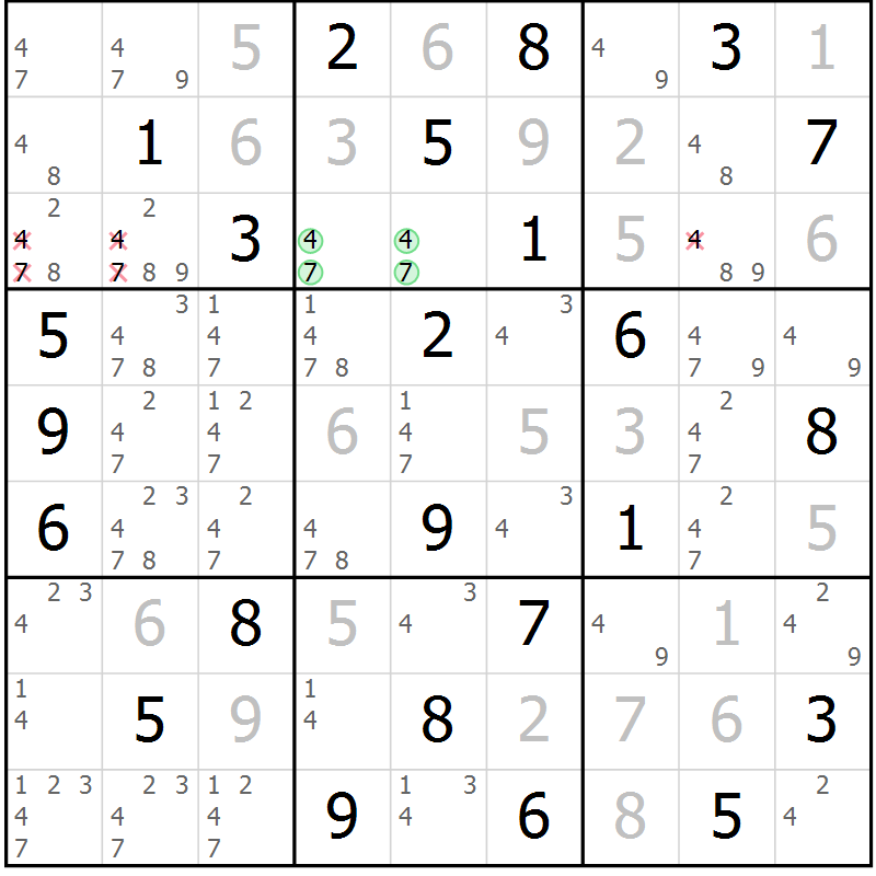 Position des candidats pour la solution de la Gr 60 page 63 du magazine de sudoku Virtuose n° 113