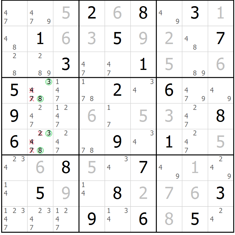 Position des candidats pour la solution de la Gr 60 page 63 du magazine de sudoku Virtuose n° 113