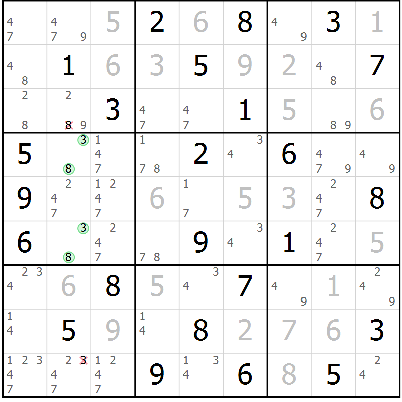Position des candidats pour la solution de la Gr 60 page 63 du magazine de sudoku Virtuose n° 113