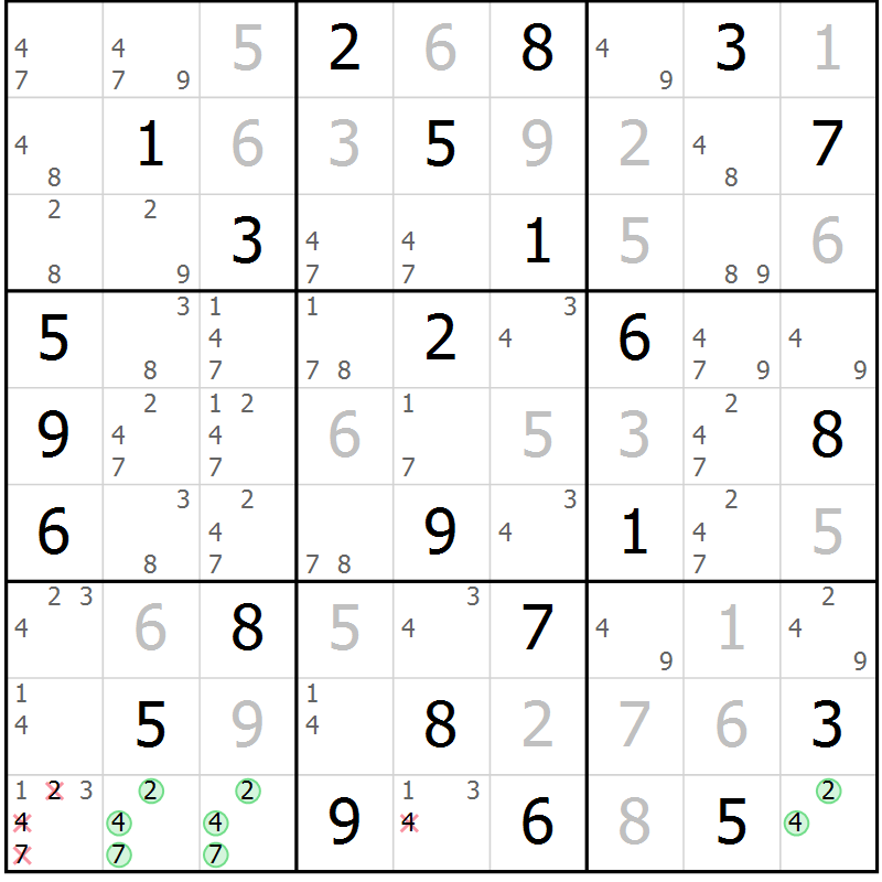 Position des candidats pour la solution de la Gr 60 page 63 du magazine de sudoku Virtuose n° 113