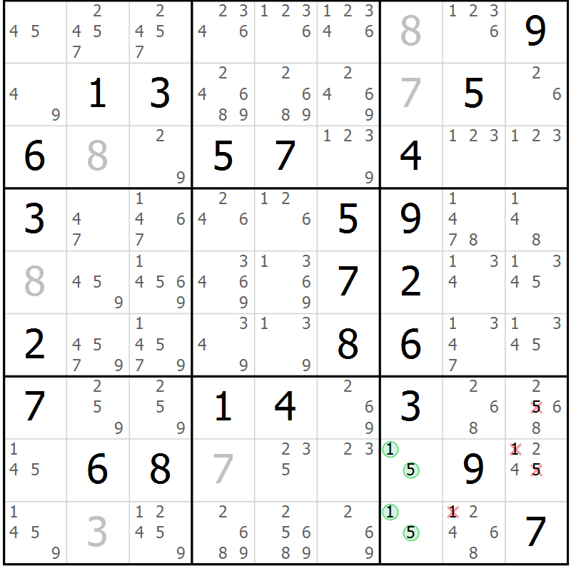Position des candidats pour la solution de la Gr 61 page 64 du magazine de sudoku Virtuose n° 113