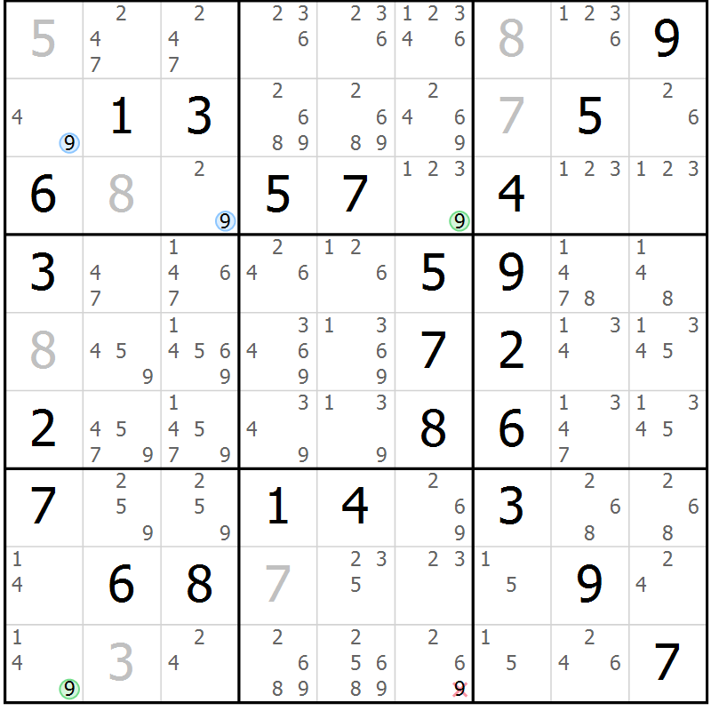 Position des candidats pour la solution de la Gr 61 page 64 du magazine de sudoku Virtuose n° 113