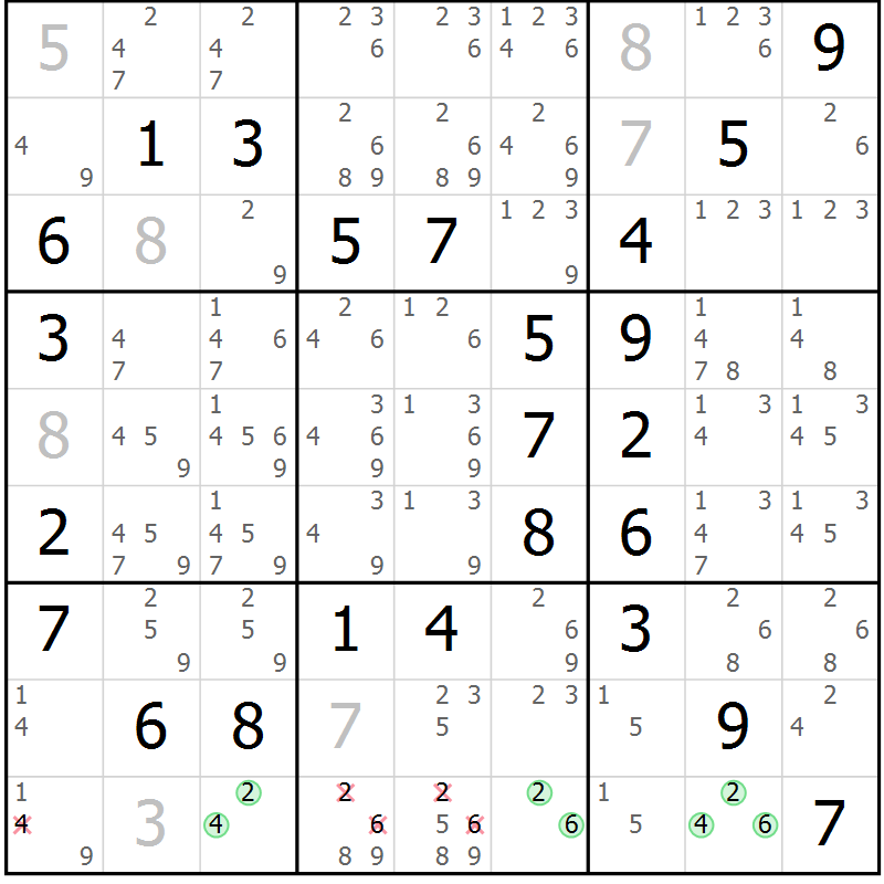 Position des candidats pour la solution de la Gr 61 page 64 du magazine de sudoku Virtuose n° 113