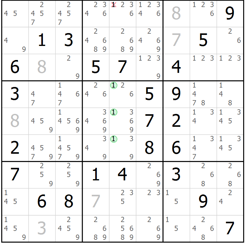 Position des candidats pour la solution de la Gr 61 page 64 du magazine de sudoku Virtuose n° 113