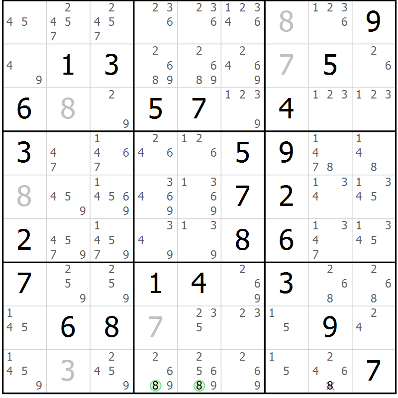 Position des candidats pour la solution de la Gr 61 page 64 du magazine de sudoku Virtuose n° 113