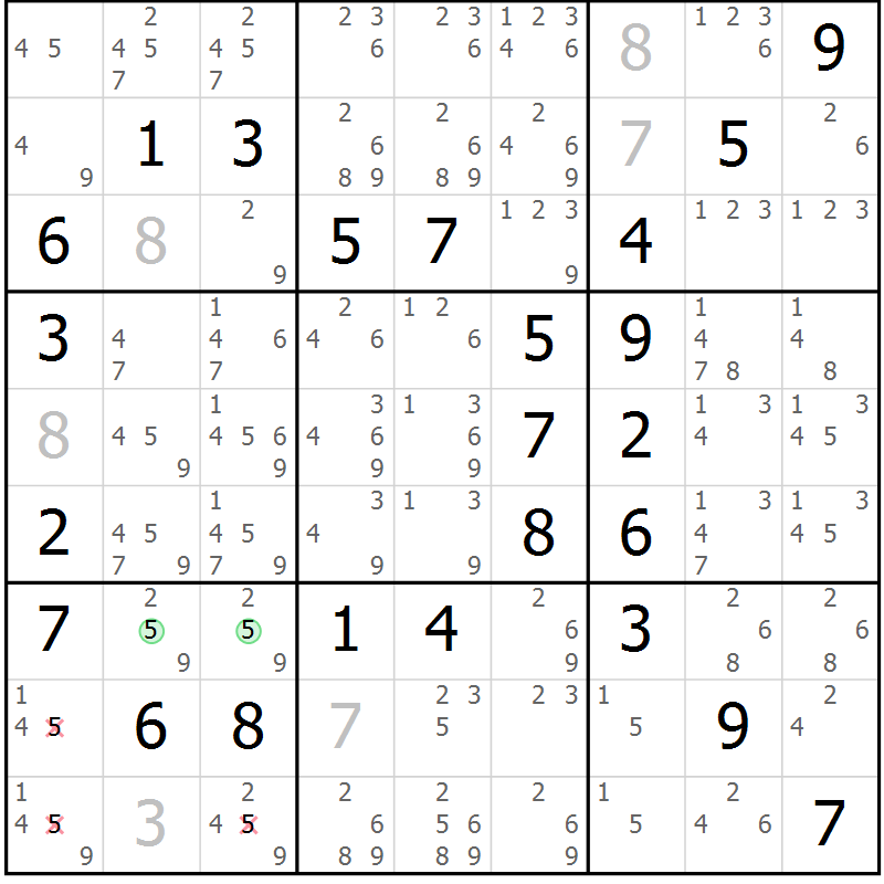 Position des candidats pour la solution de la Gr 61 page 64 du magazine de sudoku Virtuose n° 113