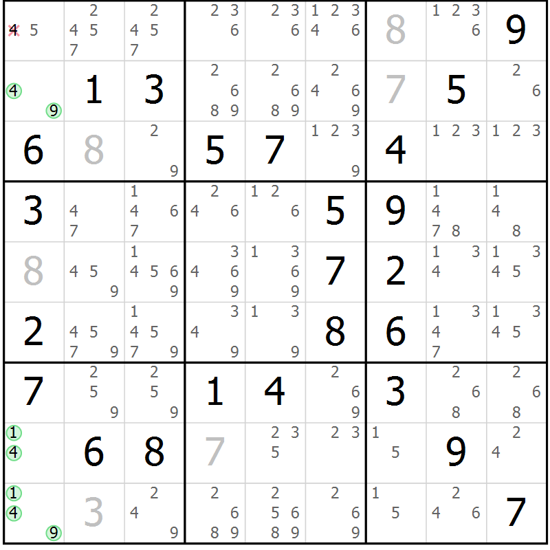 Position des candidats pour la solution de la Gr 61 page 64 du magazine de sudoku Virtuose n° 113